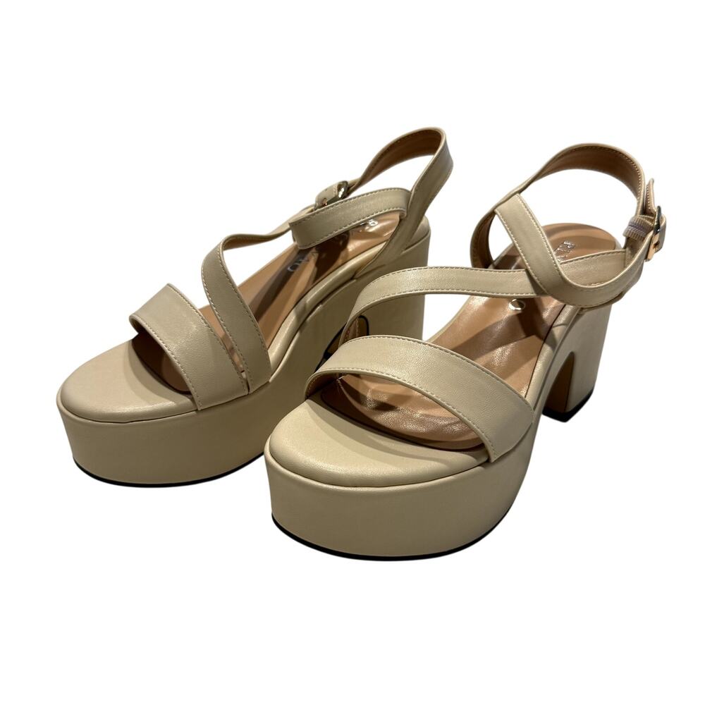 Women Block Chunky Strappy Heel in Beige, Size 6